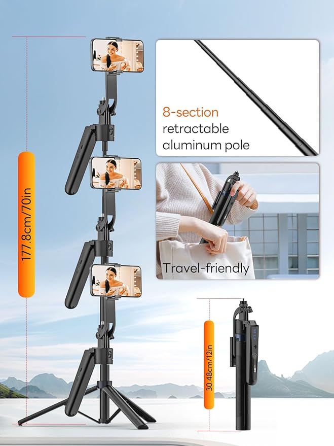 70” Auto Face Tracking Tripod, Extendable 360° Rotation Phone Tripod - Image 7