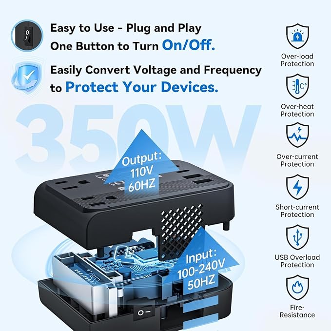 DOACE 350W Travel Voltage Converter US to Europe 220V to 110V Converter - Image 2