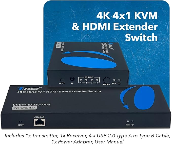OREI 4x1 KVM 4K HDMI Over Ethernet Extender Switcher Balun Over CAT6/7 Cable - Image 8