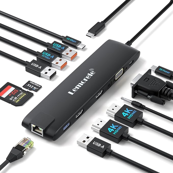 Docking Station USB C/A 10Gbps 3*Display 13 in 1, 2025 Upgrade Lemorele USB C by Lemorele