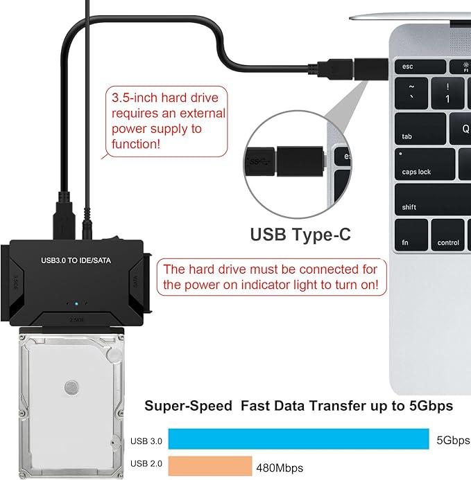 USB 3.0 to SATA IDE Adapter, Hard Drive Reader External Ultra Recovery - Image 3