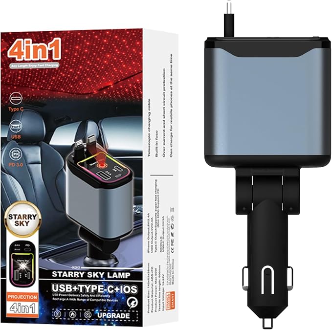 Starlight Retractable Car Charger, 66W Fast Car Chargers Adapter 4 in 1 - Image 7