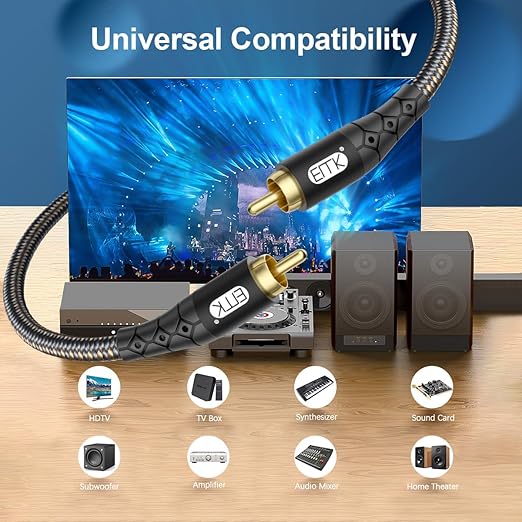 EMK RCA to RCA Subwoofer Cable – 24K Gold-Plated Connector Nylon Braided Double - Image 2
