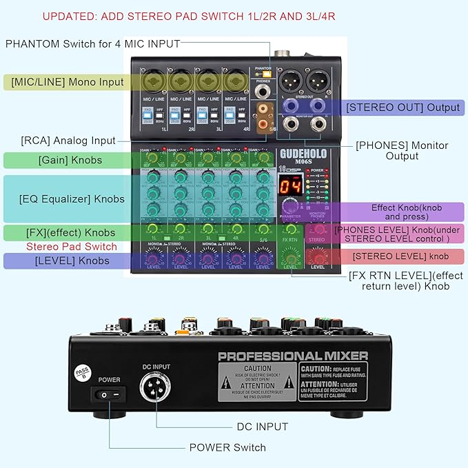 6-Channel Professional DJ Audio Mixer, DJ Controller Sound Mixer DSP 16 Preset - Image 6