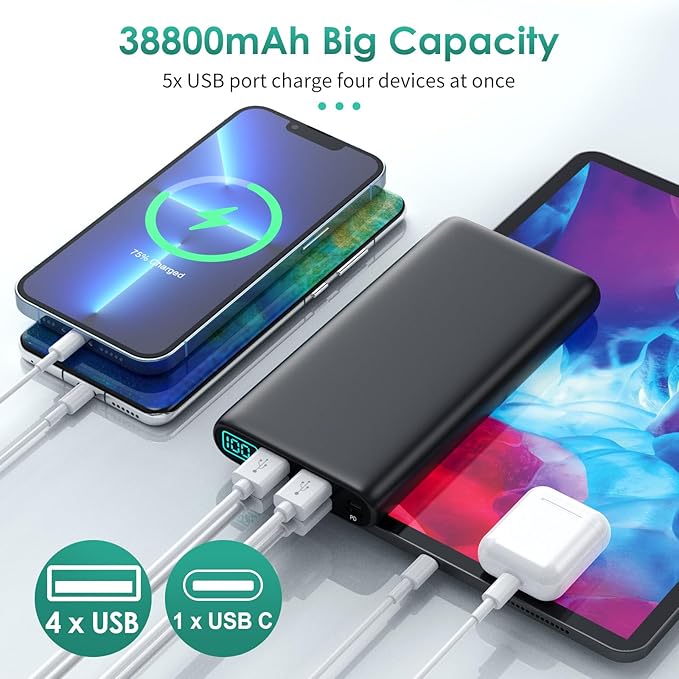 Portable Charger 38800mAh, LCD Display Power Bank, 5 USB Outputs Battery Pack - Image 4