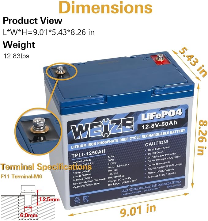 WEIZE 12V 50Ah Lithium LiFePO4 Battery, Grade A Cells Built in BMS, 8000+ Deep - Image 2