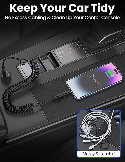 Coiled USB-C and Lightning Cable 2-in-1, 3FT iPhone 17 16 Car Charger Cord - Image 5