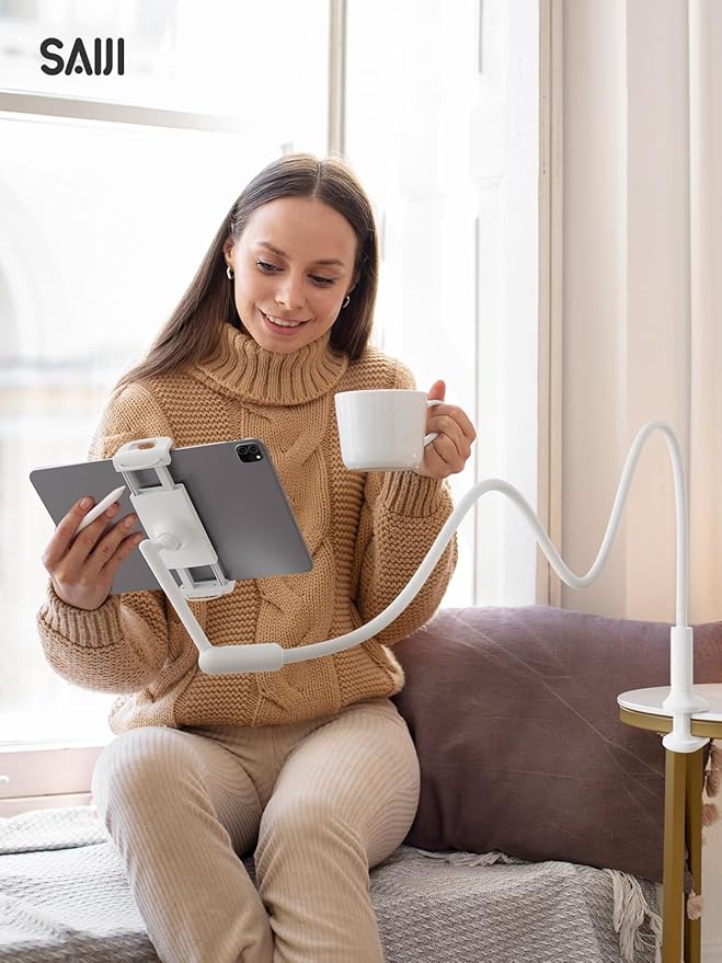 SAIJI Gooseneck Tablet Holder for Bed, One-Hand Adjustable, Upgraded Base - Image 8