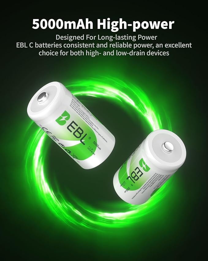 EBL Rechargeable C Batteries 5000mAh Ready2Charge C Size Battery - Image 3