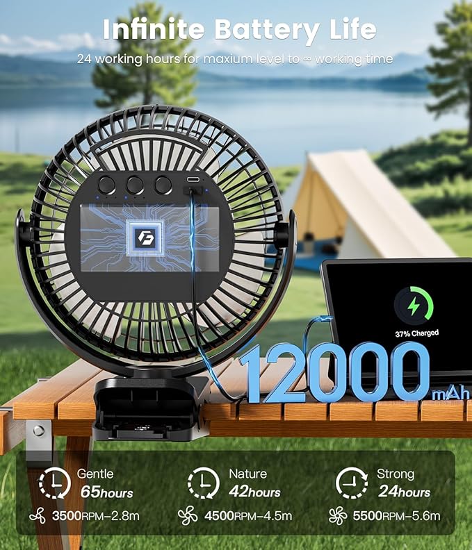 8-inch Clip-on Fan - 12000mAh Portable Rechargeable Battery - Image 2