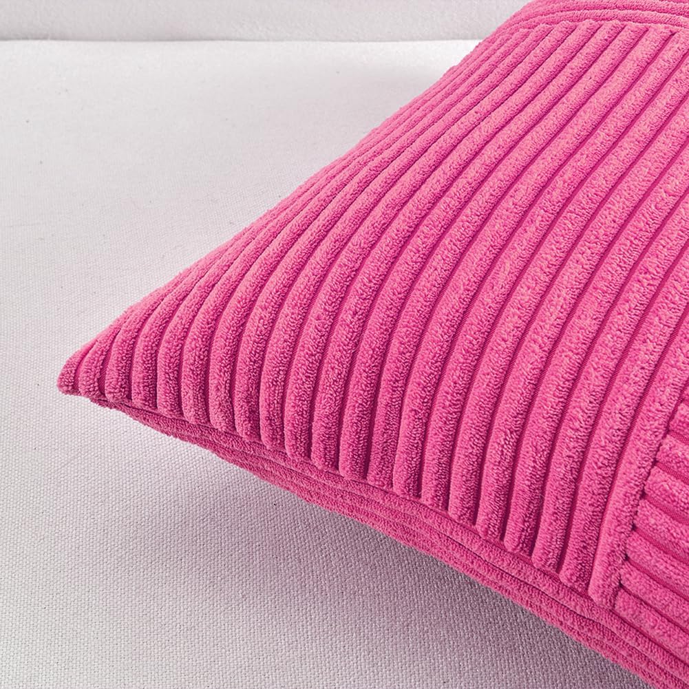 Fancy Homi 2 Packs Hot Pink Decorative Throw Pillow Covers 22x22 Inch for Living Room Couch Bed, Rustic Farmhouse Boho Home Decor, Soft Corss Corduroy Patchwork Accent Square Cushion Case 55x55 cm