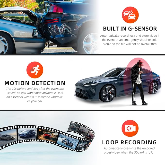 4 Channel Mirror Dash Cam, Dash Cam Front and Rear/Inside, 12’’ FHD 1080Px4 - Image 4