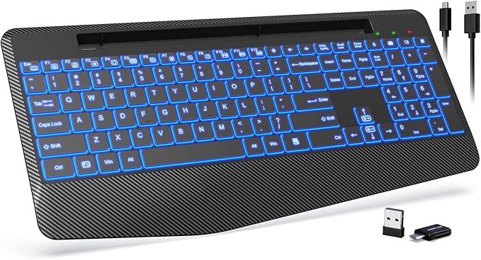 Wireless Keyboard with 7 Colored Backlits, Wrist Rest, Phone Holder, by Trueque
