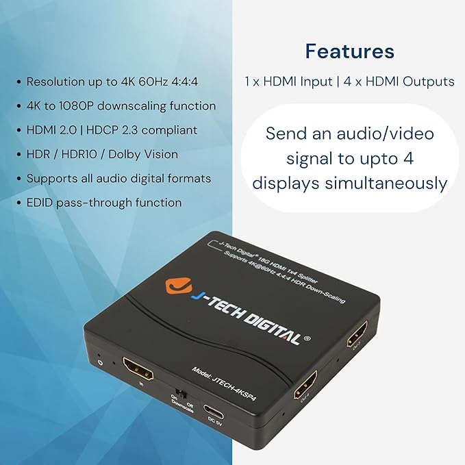 J-Tech Digital HDMI Splitter 4K 60Hz 1X4 Multi-Resolution Output HDMI 2.0 - Image 2