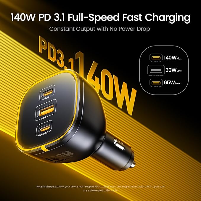 AOHI 165W Laptop Car Charger Adapter 140W PD 3.1/ 100W PD 3.0 USB C Super Fast - Image 2