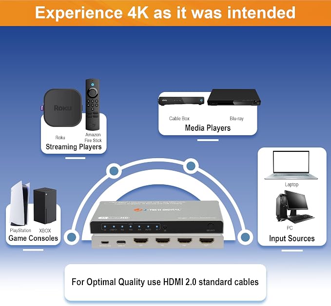 J-Tech Digital 4K 60Hz 4x1 HDMI & USB-C Switch | 3 HDMI + 1 USB-C Input - Image 6