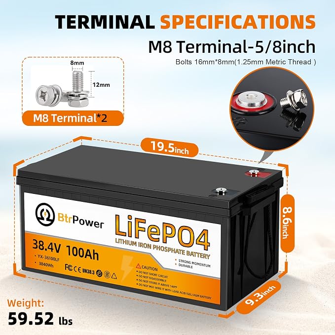 36V 100Ah LiFePO4 Battery, Built-in 100A BMS, 3840Wh Lithium Battery, - Image 2