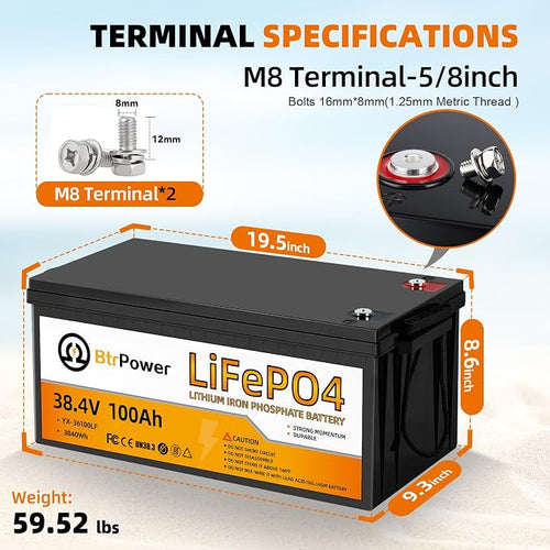 36V 100Ah LiFePO4 Battery, Built-in 100A BMS, 3840Wh Lithium Battery, - Image 2