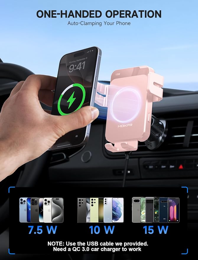 MOKPR Wireless Car Charger, 15W Auto Clamping Car Charger Dash Windshield Air - Image 7