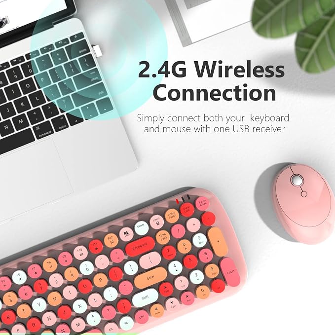 KNOWSQT Wireless Keyboard and Mouse Combo, Light Pink 100 Keys 2.4 GHz Round - Image 3
