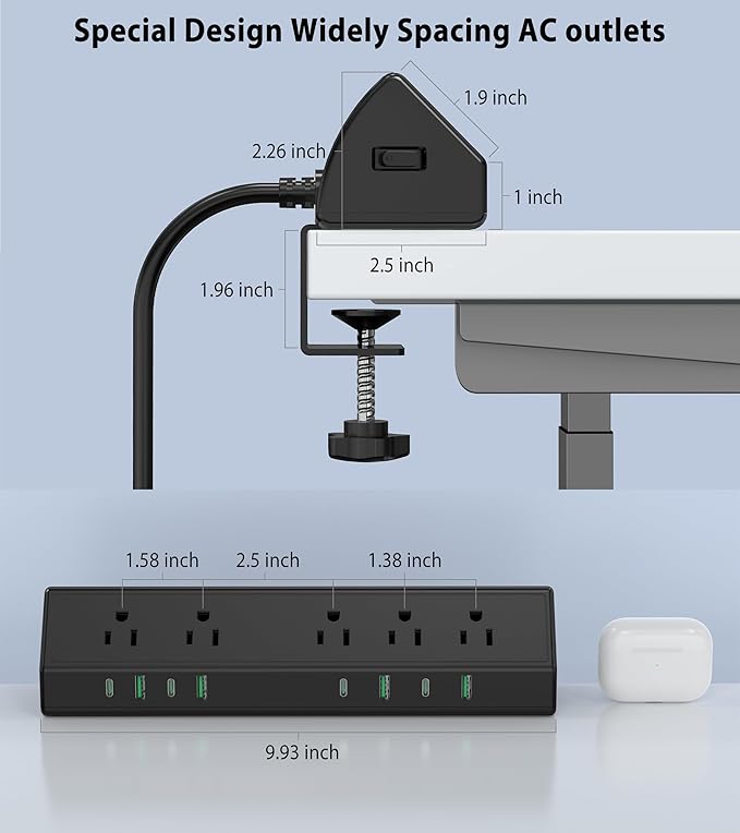 45W Fast Charging Station, Desk Clamp Power Strip, 4 PD USB-C Ports, 5 AC - Image 7
