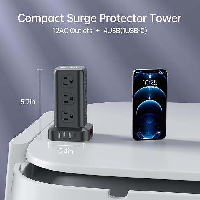 Surge Protector Power Strip Tower, 10FT Extension Cord - Image 2