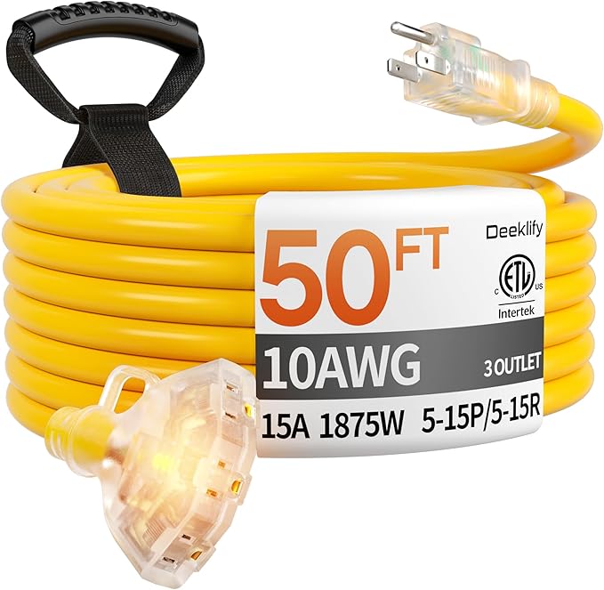 50 ft 10 Gauge Heavy Duty 3 Outlet Extension Cord Splitter by Deeklify