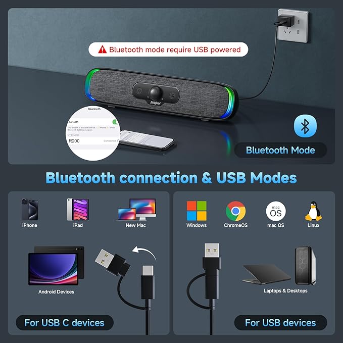 SOULION R200 Bluetooth Computer Speakers, Compact PC Speakers, USB C/USB Plug & - Image 5