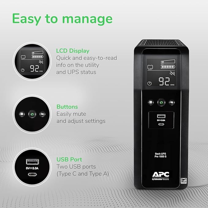 APC UPS Back-UPS Pro 1000VA Sinewave UPS, 600W Battery Backup & Surge Protector - Image 3