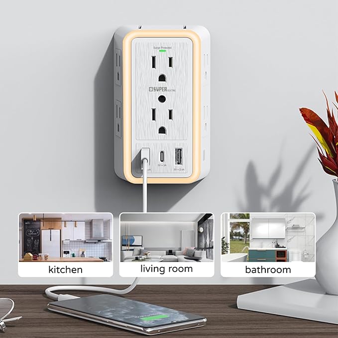 USB Wall Charger Surge Protector, Super Electro 6 Outlet Extender - Image 5