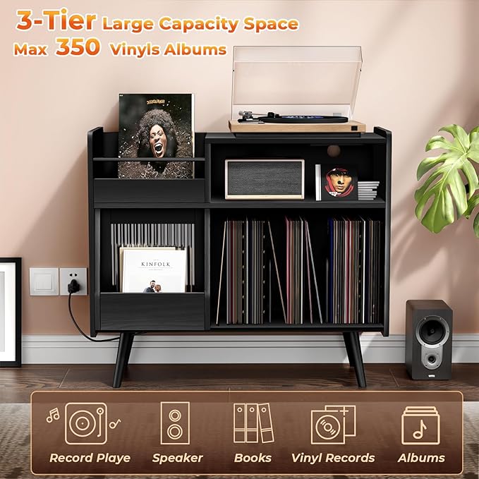 Large Record Player Stand with Sliding Door, 350 Vinyl Record Storage Cabinet - Image 3