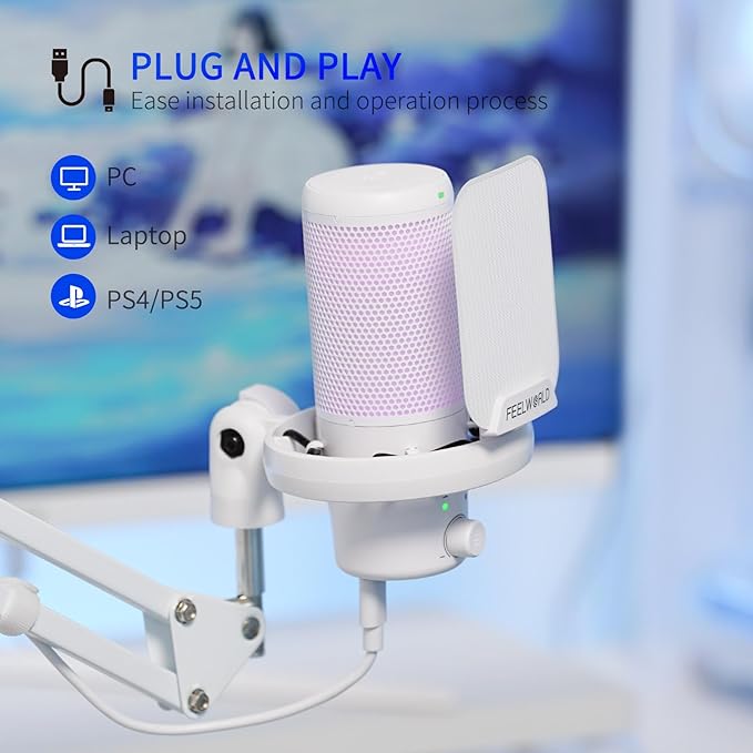 FEELWORLD VM1 White Gaming PC USB Microphone Condenser Mic - Image 5