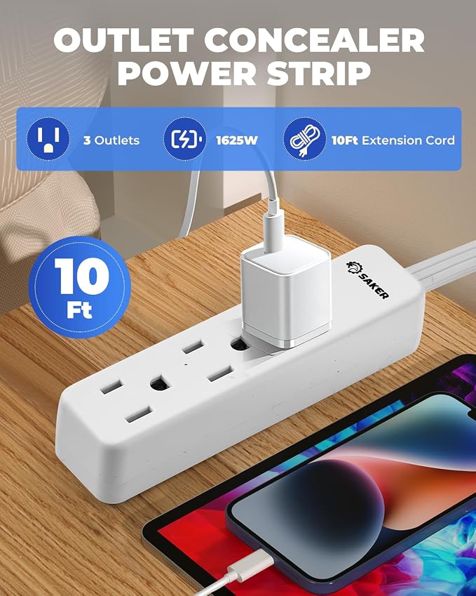 Saker Outlet Concealer Power Strip | 10ft Flat Plug Extension Cord - Image 3