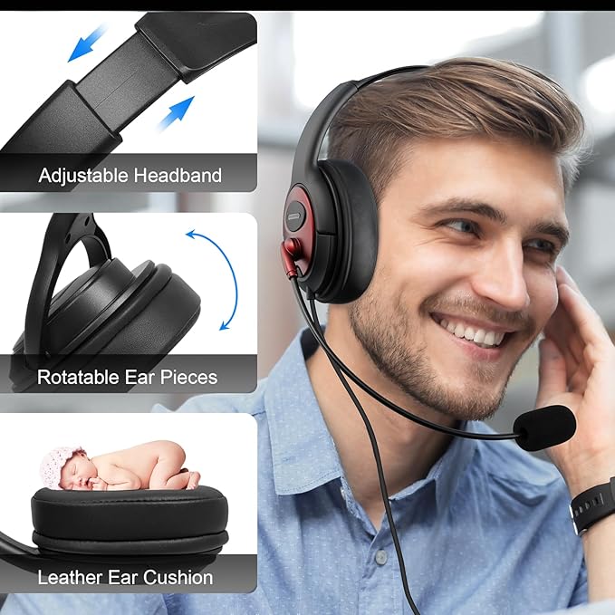 MAIRDI USB Headset with Microphone, Type-C/USB/3.5mm Jack 3-in-1 PC Headset - Image 5