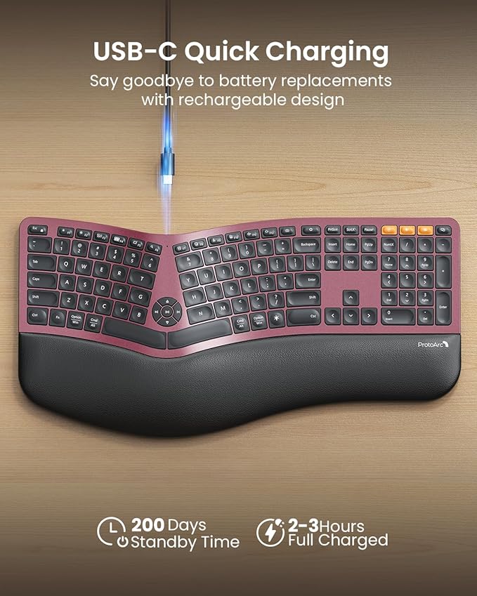 ProtoArc Backlit Bluetooth Ergonomic Keyboard, EK01 Plus Full Size Wireless - Image 5
