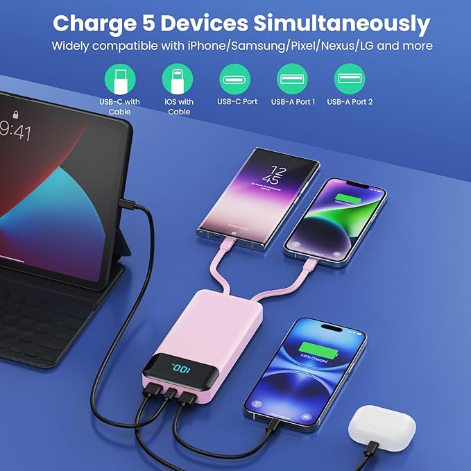 Portable Charger 40800mAh with 3 Built-in Cable, PD 25W USB C in&Out Power Bank - Image 4