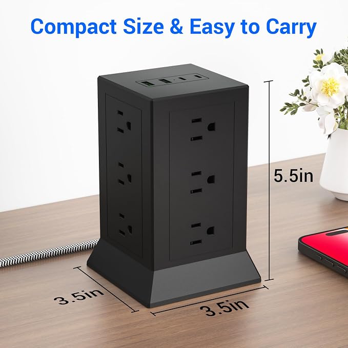 Power Strip Tower with Multiple Outlets 16.5 Ft Extension Cord Flat Plug with - Image 7