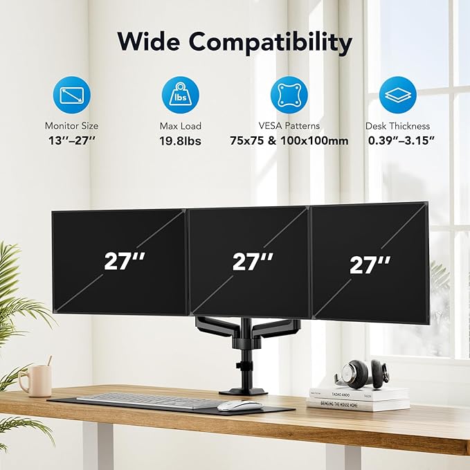 HUANUO Triple Monitor Mount for 13-27 inch Computer Screens, Gaming 3 Monitor - Image 2