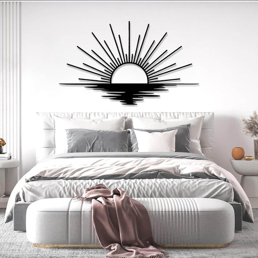 Sunrise Metal Wall Art, Metal Sun Wall Decor, Sun Outdoor Wall Art, Abstract Sunrise Wall Decor, Boho Home Hanging, Living Room Wall Hanging (Black, 24"x14"/60x36cm)