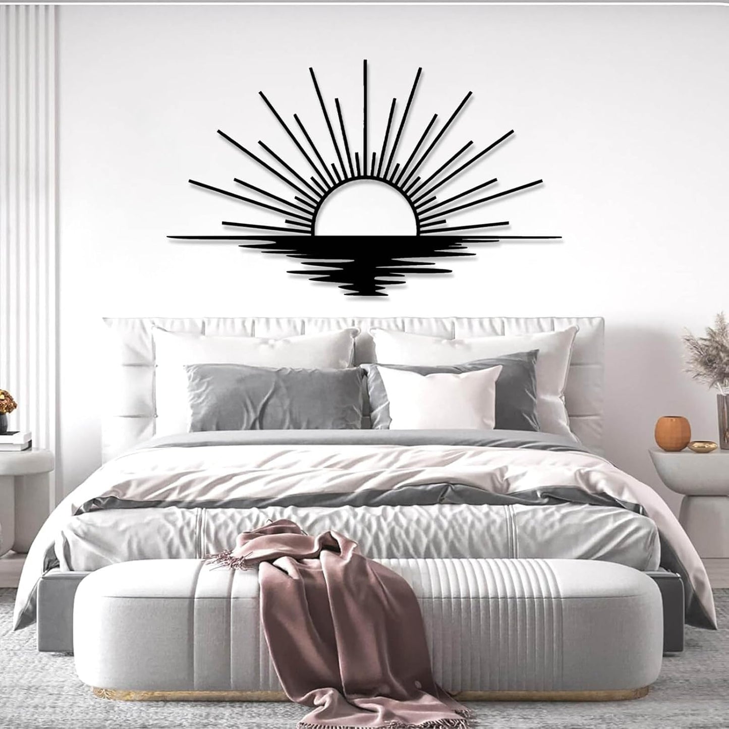 Sunrise Metal Wall Art, Metal Sun Wall Decor, Sun Outdoor Wall Art, Abstract Sunrise Wall Decor, Boho Home Hanging, Living Room Wall Hanging (White, 30"x18"/76x45cm)