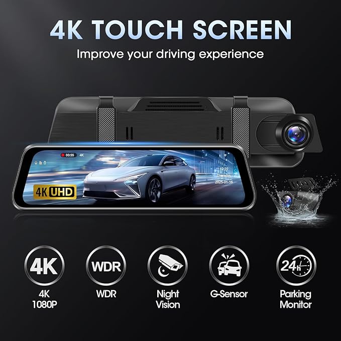 4K WiFi Rear View Mirror Camera 10’’ Mirror Dash Cam Front and Rear w Super - Image 2