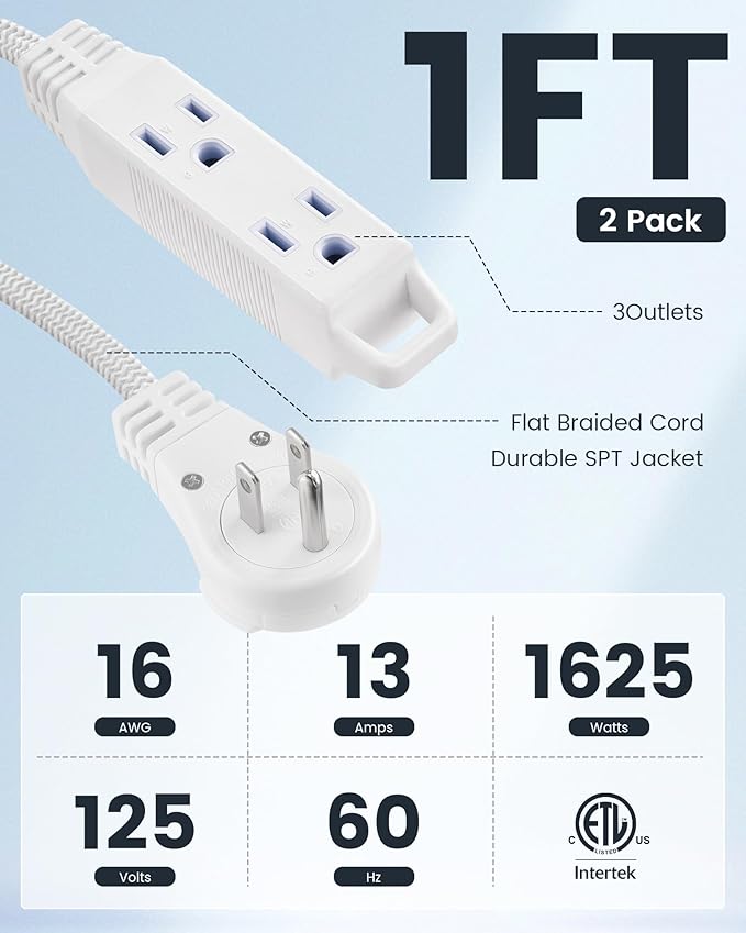 SURAIELEC 1FT Extension Cord, 360° Rotating Flat Plug Extension Cord Flat Wall - Image 2
