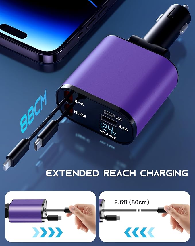 Retractable Car Phone Charger, 4 in 1 Fast Charge Car Phone Charger - Image 5