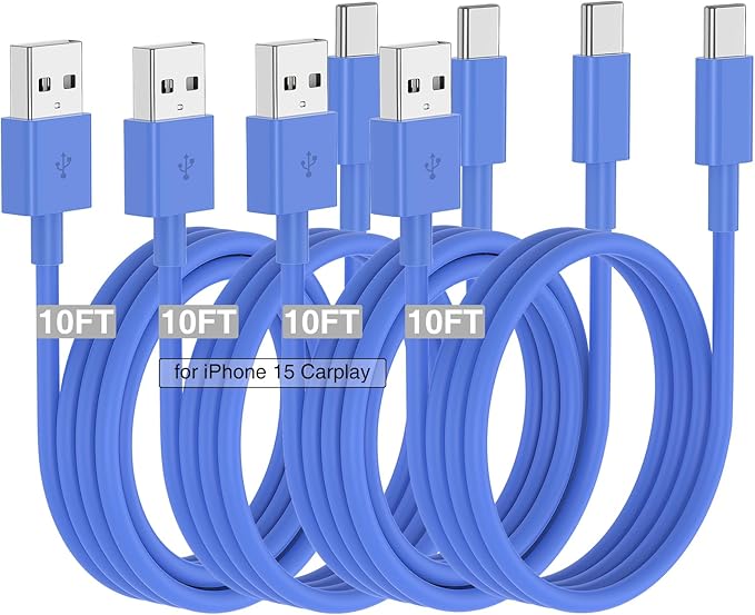 Car Carplay Cable for iPhone 16 15 Pro/Pro Max/Plus, 4 Pack 10FT USB A to USB C by Cabepow