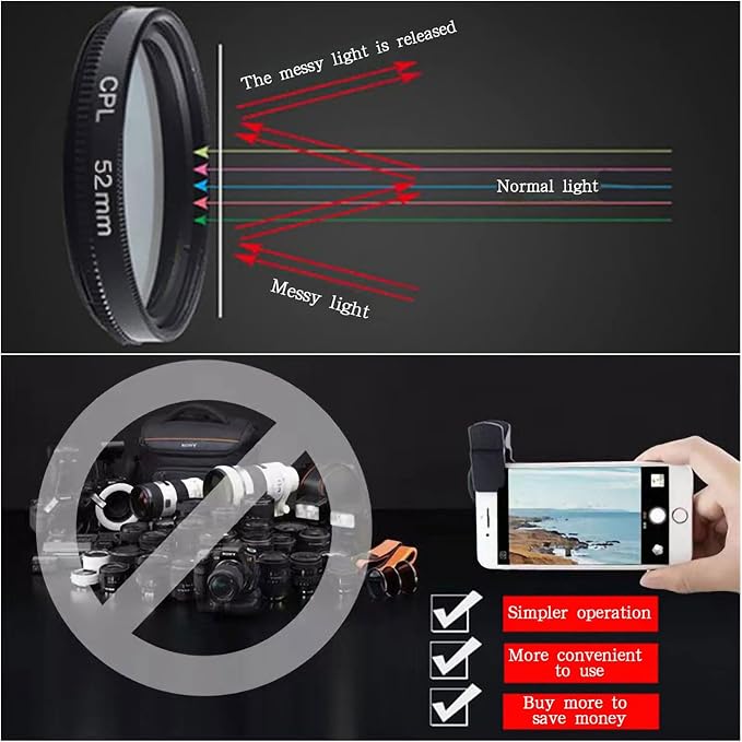 52mm CPL Phone Camera Lens, Universal Phone Camera Polarizer Filter Clip-On - Image 2