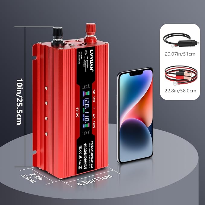 LVYUAN 1000W Car Power Inverter 12V to 110V / 120V DC to AC - Image 7