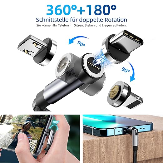 540° Rotation Magnetic Charging Cable, 3 in 1 Magnetic Phone Charger 3A Fast - Image 2