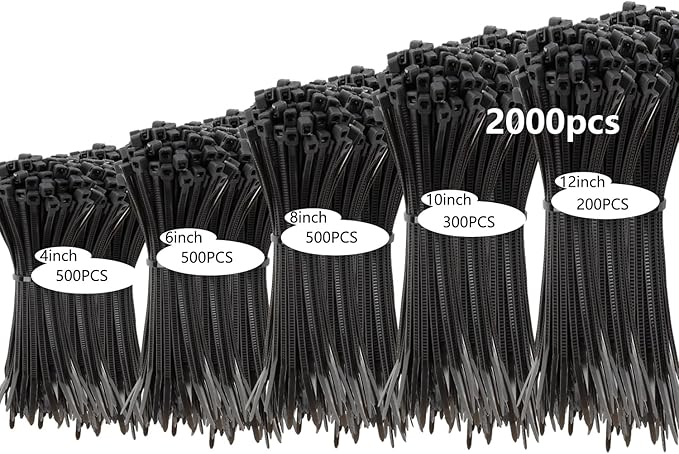 2000 PCS Zip Ties Assorted Sizes 4+6+8+10+12 Inch Self-locking Nylon Cable ties by MasiStranth