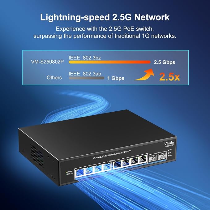8 Port 2.5G PoE Switch Unmanaged, VIMIN 10x 2.5G Base-T PoE Switch, 2X 10G SFP - Image 4