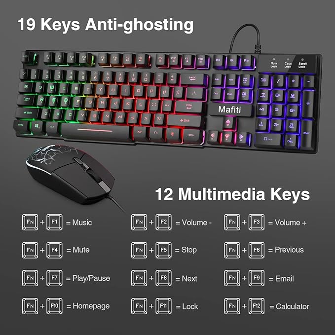 mafiti RK101 Computer Keyboard Mouse Combo Wired, RGB Backlit USB Keyboard - Image 5